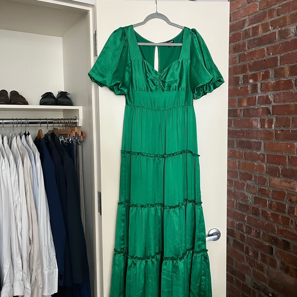 Crystal Doll Green Ruched Tiered Maxi Dress